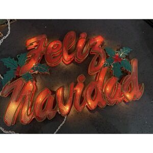 Vtg Feliz Navidad Christmas Plastic Sign Lights Up Holly Red Window